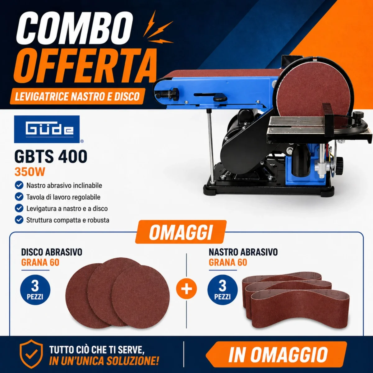 Consumível abrasivo Guede Combo Lixadora Cinta e Disco Güde GBTS 400 350W + Discos K60 Ø150 mm