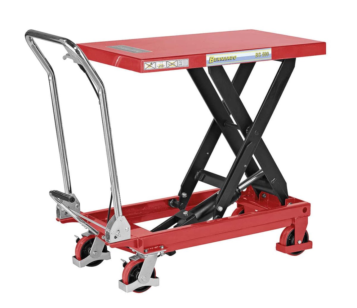 Mesa de elevação hidráulico manual Bernardo BS 500 – capacidade de carga 500 kg, altura 290-885 mm, mesa 845 × 500 mm, peso 81 kg