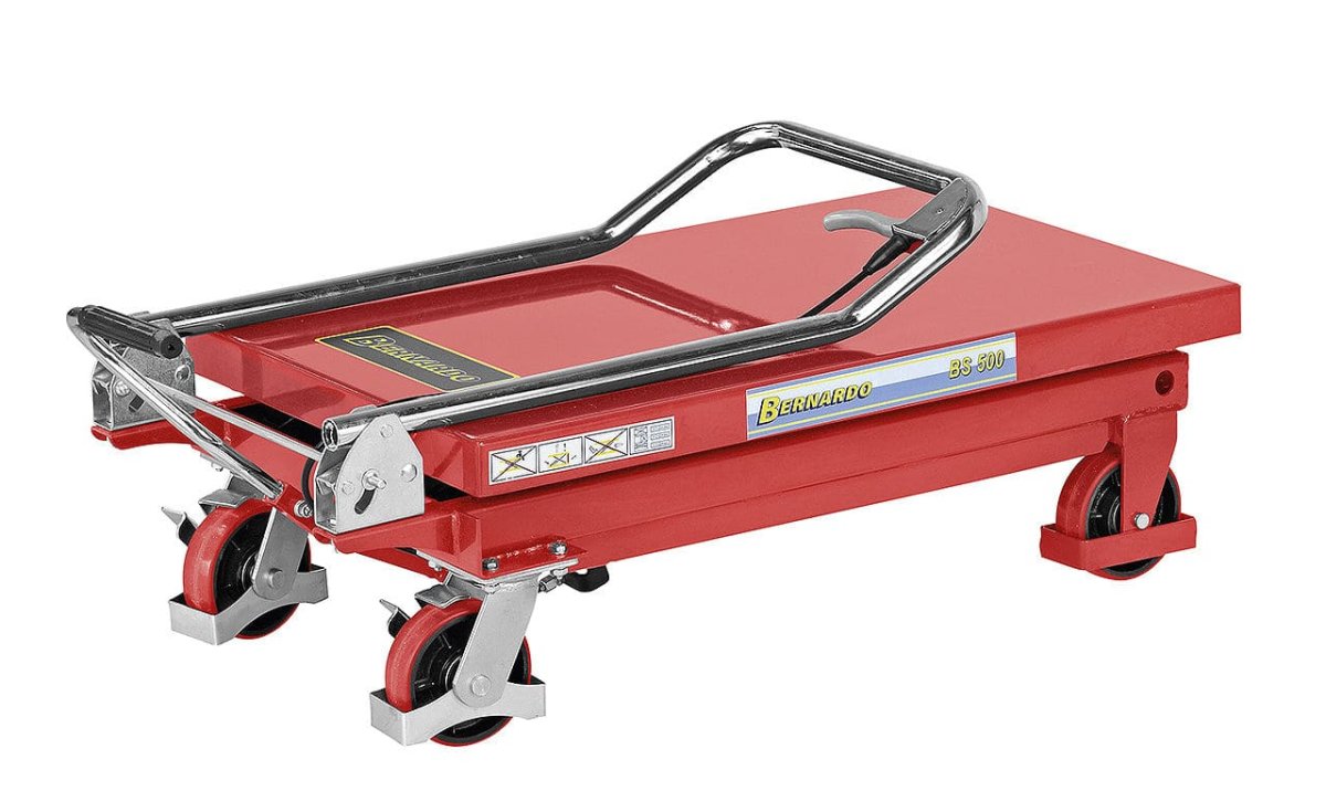 Mesa de elevação hidráulico manual Bernardo BS 150 – capacidade de carga 150 kg, altura 220-720 mm, mesa 700 × 450 mm, peso 46 kg