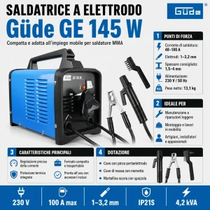Máquina de soldar por elétrodo Güde GE 145 W – inversor MMA portátil até 100 A